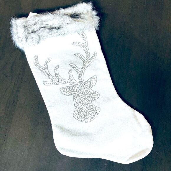 White Christmas Deer Faux Fur Silver Sequin Stocking - Picture 1 of 3